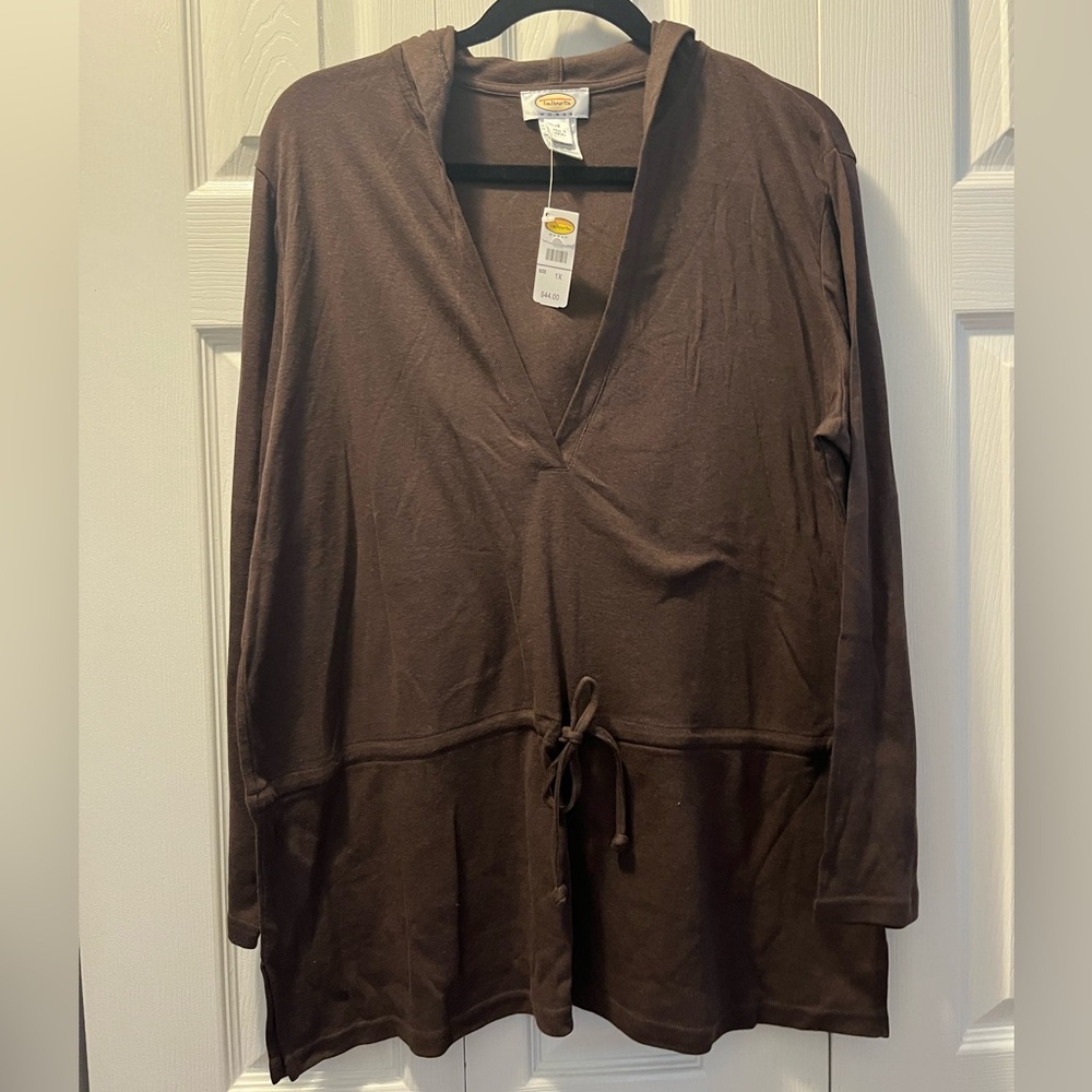 Talbots Brown Tie Front Hooded Long Sleeve Top